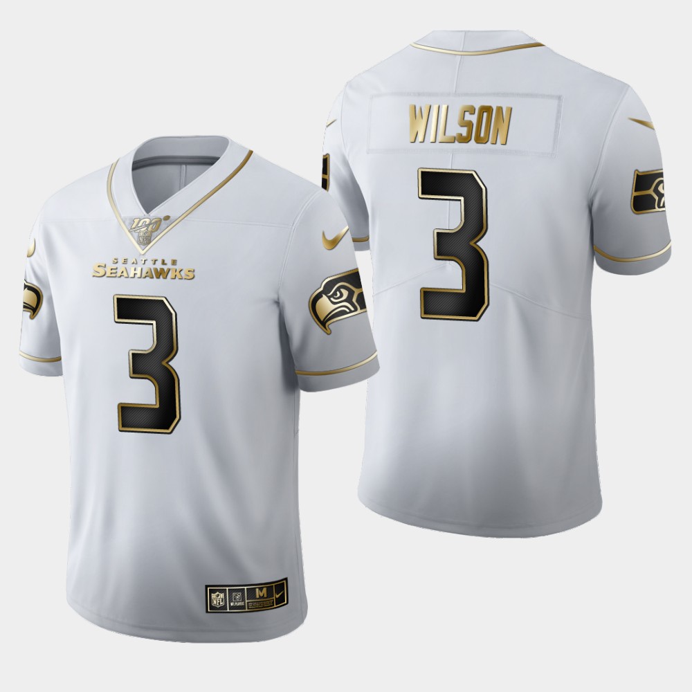Men's Seattle Seahawks #3 Russell Wilson White 2019 100th Season Golden Edition Limited Stitched NFL Jersey